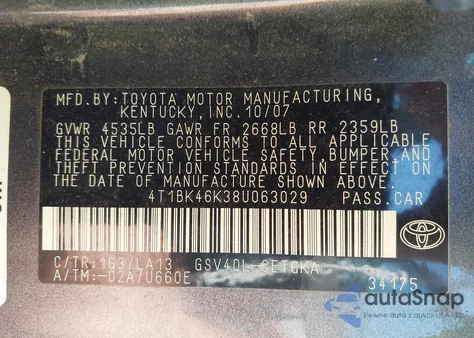 2008 Toyota Camry Xle V6 из США, поврежденный, VIN 4T1BK46K38U063029